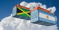 Freight containers with Argentina and Jamaica national flags.