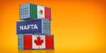 Freight containers with Canada and Mexico national flags and one with the word NAFTA North American Free Trade Agreement Royalty Free Stock Photo