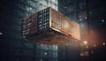 Freight containers delivered by crane at futuristic commercial dock generated by AI