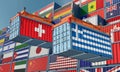 Freight containers on a Terminal with Switzerland and Greece flag.