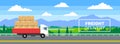 Freight delivery truck with cardboard boxes on the road banner design
