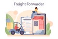 Freight forwarder concept. Loader in uniform delivering a cargo.