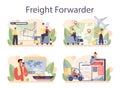 Freight forwarder concept set. Loader in uniform delivering a cargo.