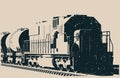 Freight locomotive with tank wagons old poster template