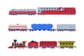 Freight and passenger rail transport set. Railway locomotive train with wagons flat vector illustration Royalty Free Stock Photo