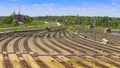 Freight railway yard with many tracks and operations control tower