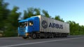 Freight semi truck with Airbus logo driving along forest road. Editorial 3D rendering