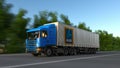 Freight semi truck with Aldi logo driving along forest road. Editorial 3D rendering