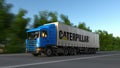 Freight semi truck with Caterpillar Inc. logo driving along forest road. Editorial 3D rendering