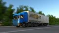 Freight semi truck with Chevrolet logo driving along forest road. Editorial 3D rendering