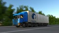 Freight semi truck with Danone logo driving along forest road. Editorial 3D rendering Royalty Free Stock Photo