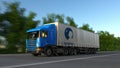Freight semi truck with Danone logo driving along forest road, seamless loop. Editorial 4K clip