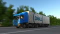 Freight semi truck with Dell Inc. logo driving along forest road. Editorial 3D rendering