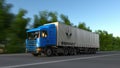 Freight semi truck with Groupe Renault logo driving along forest road. Editorial 3D rendering