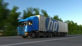 Freight semi truck with HP Inc. logo driving along forest road. Editorial 3D rendering
