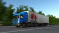 Freight semi truck with Huawei logo driving along forest road. Editorial 3D rendering