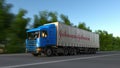 Freight semi truck with Johnson and Johnson logo driving along forest road. Editorial 3D rendering