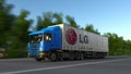 Freight semi truck with LG Corporation logo driving along forest road. Editorial 3D rendering