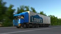 Freight semi truck with Lowe`s logo driving along forest road. Editorial 3D rendering