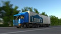 Freight semi truck with Lowe`s logo driving along forest road, seamless loop. Editorial 4K clip