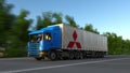 Freight semi truck with Mitsubishi logo driving along forest road. Editorial 3D rendering