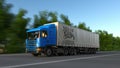 Freight semi truck with Nestle logo driving along forest road. Editorial 3D rendering