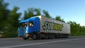 Freight semi truck with Subway logo driving along forest road. Editorial 3D rendering