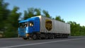 Freight semi truck with United Parcel Service UPS logo driving along forest road. Editorial 3D rendering Royalty Free Stock Photo