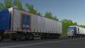 Freight semi trucks with Aldi logo driving along forest road. Editorial 3D rendering