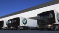 Freight semi trucks with BMW logo loading or unloading at warehouse dock. Editorial 3D rendering