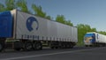 Freight semi trucks with Danone logo driving along forest road. Editorial 3D rendering Royalty Free Stock Photo