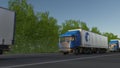 Freight semi trucks with Danone logo driving along forest road, seamless loop. Editorial 4K clip