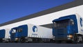 Freight semi trucks with Danone logo loading or unloading at warehouse dock. Editorial 3D rendering