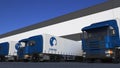 Freight semi trucks with Danone logo loading or unloading at warehouse dock, seamless loop. Editorial animation
