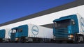 Freight semi trucks with Dell Inc. logo loading or unloading at warehouse dock. Editorial 3D rendering