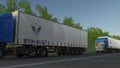 Freight semi trucks with Groupe Renault logo driving along forest road. Editorial 3D rendering