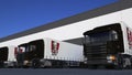 Freight semi trucks with Kentucky Fried Chicken KFC logo loading or unloading at warehouse dock. Editorial 3D rendering