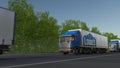 Freight semi trucks with Lowe`s logo driving along forest road, seamless loop. Editorial 4K clip