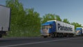 Freight semi trucks with Panasonic Corporation logo driving along forest road, seamless loop. Editorial 4K clip