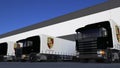 Freight semi trucks with Porsche logo loading or unloading at warehouse dock. Editorial 3D rendering