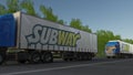 Freight semi trucks with Subway logo driving along forest road. Editorial 3D rendering