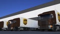 Freight semi trucks with United Parcel Service UPS logo loading or unloading at warehouse dock. Editorial 3D rendering