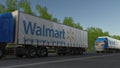 Freight semi trucks with Walmart logo driving along forest road. Editorial 3D rendering