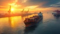 A freight ship leaving harbor after being loaded Royalty Free Stock Photo