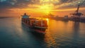 A freight ship leaving harbor after being loaded Royalty Free Stock Photo