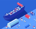 Freight ship unloading isometric vector illustration. Shipment distribution transport, forklifts and truck with cargo at Royalty Free Stock Photo