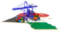 Freight Shipping in Kuwait concept. Harbor cranes with cargo containers on the Kuwait map. 3D rendering Royalty Free Stock Photo