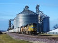 Freight train being loaded with grain for transport Royalty Free Stock Photo