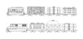 Freight train cargo cars with Container and box freight train. Rolling stock transport illustration set. Logistics heavy