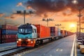 Cargo train. Freight train with cargo containers. Train wagons carrying cargo containers for shipping companies. Royalty Free Stock Photo